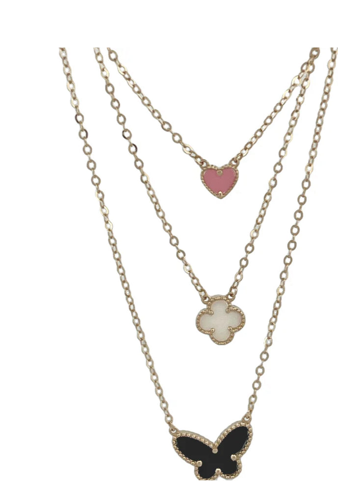 14K LAYERS BLACK BUTTERFLY WHITE TREBOL AND PINK HEART NECKLACE
