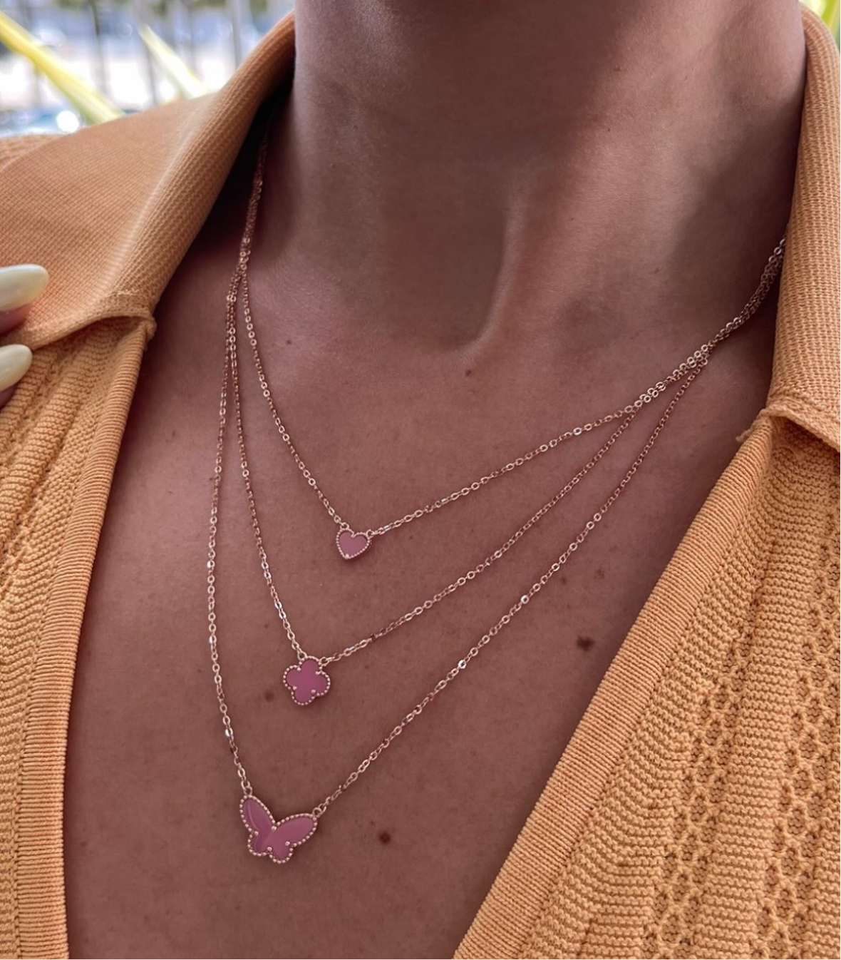 14K ROSE GOLD LAYERS ALL PINK BUTTERFLY TREBOL AND HEART NECKLACE