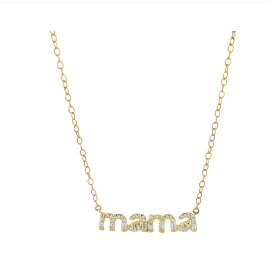 14K YELLOW GOLD MAMA BAGUETTE DIAMOND NECKLACE MOTHER DAY
