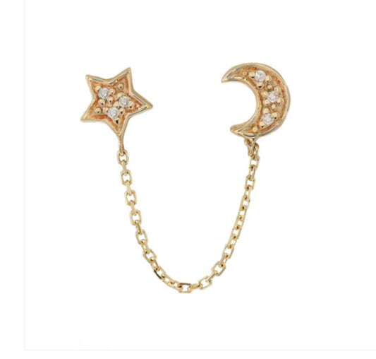 0.02 ct diamond moon + stars hanging chain earrings 14k + diamond 💎