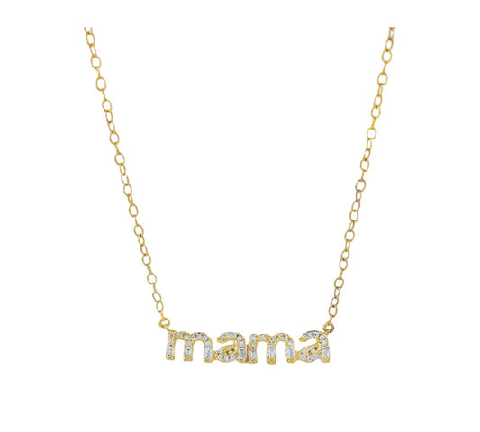 14K YELLOW GOLD MAMA BAGUETTE DIAMOND NECKLACE MOTHER DAY