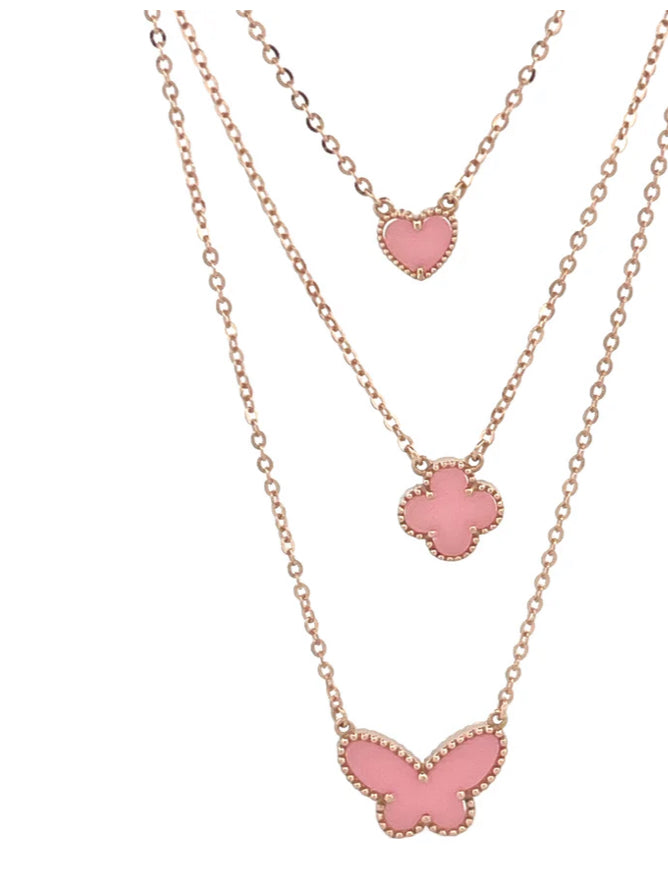 14K ROSE GOLD LAYERS ALL PINK BUTTERFLY TREBOL AND HEART NECKLACE