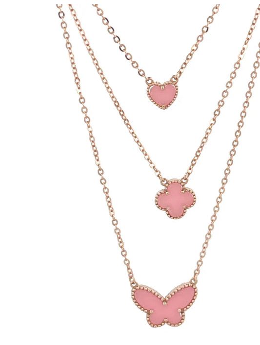 14K ROSE GOLD LAYERS ALL PINK BUTTERFLY TREBOL AND HEART NECKLACE
