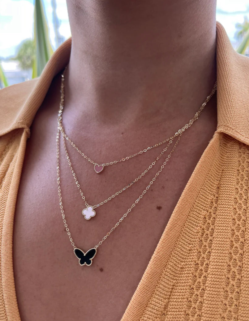 14K LAYERS BLACK BUTTERFLY WHITE TREBOL AND PINK HEART NECKLACE