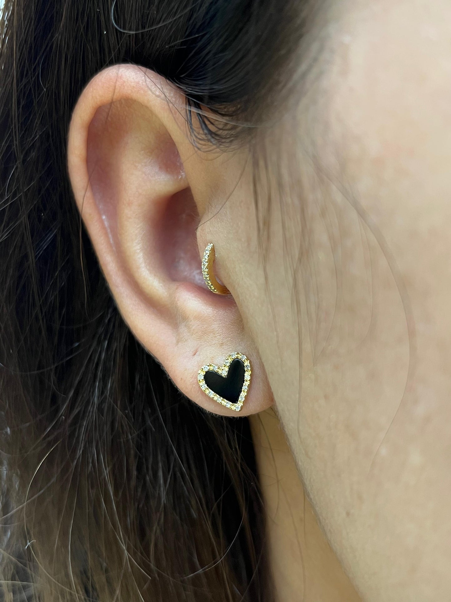 14K ONYX AND DIAMOND HEART SHAPE EARRING