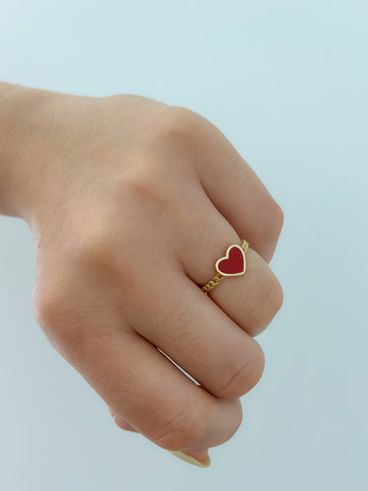 Fine Chain and Red Heart Enamel Ring